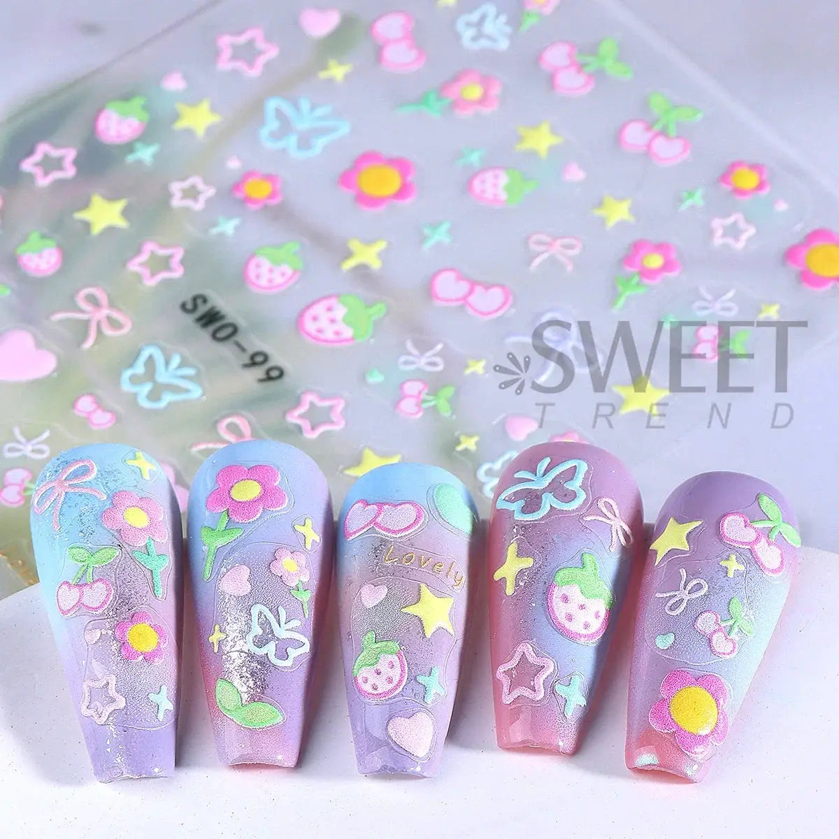 2pc Simples Market nail art stickers set in pastel lavender gradient with colorful flowers, hearts, stars, bows and butterflies