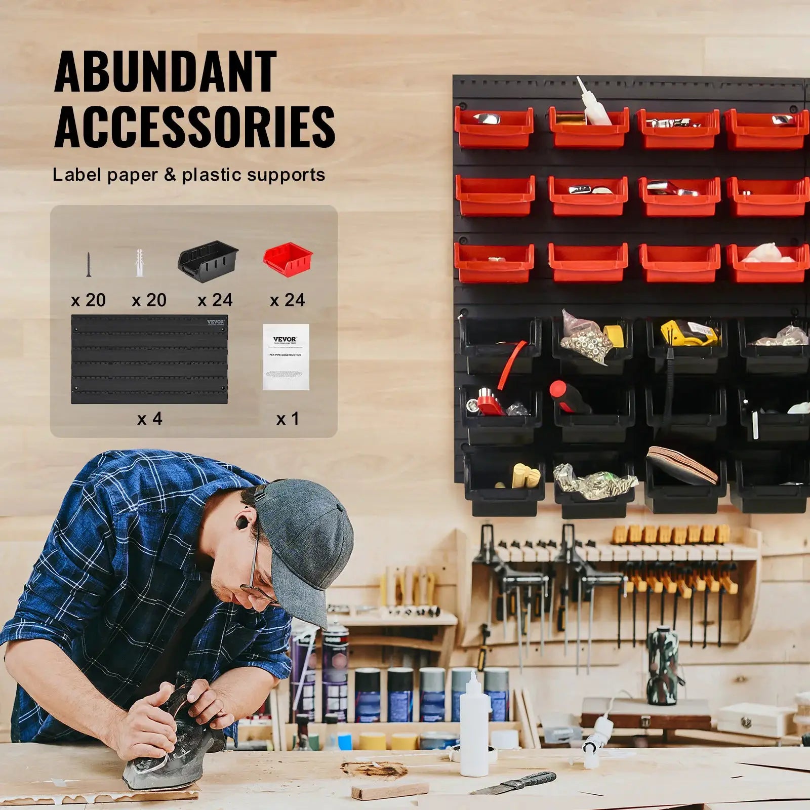 SucceBuy 48 Piece Wall Mounted Parts Storage Bins System for Garage Tools Nuts Bolts Screws Nails
