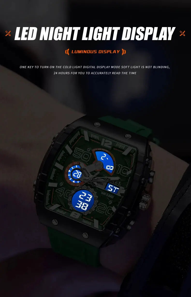 SMAEL 8109 men's square dual-display sport watch with green dial, blue luminous subdials, and green silicone strap