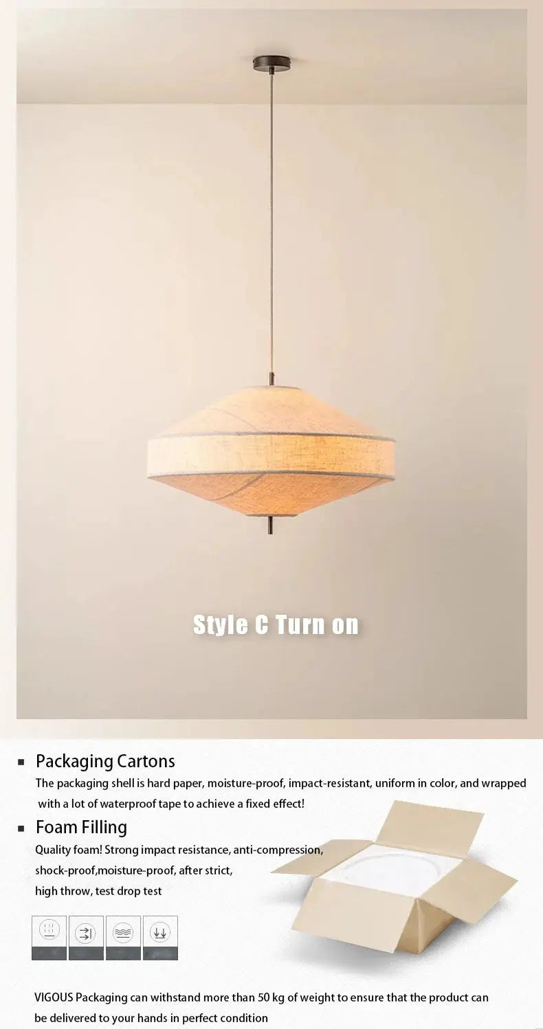 Japanese Wabi Sabi Fabric Pendant Light by Simples Market, beige woven shade, ceiling-mounted