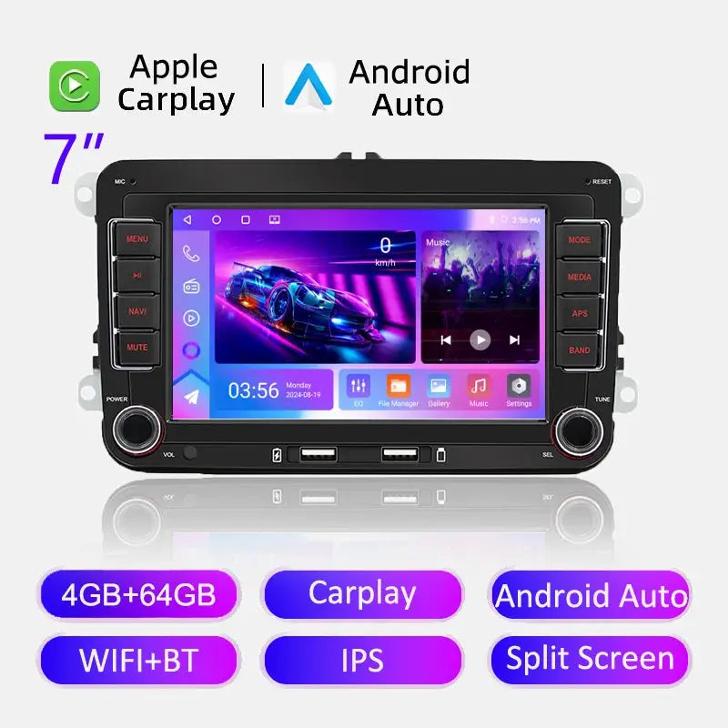 2Din Android car radio, black 7-inch IPS touchscreen with CarPlay + Android Auto for VW/Skoda