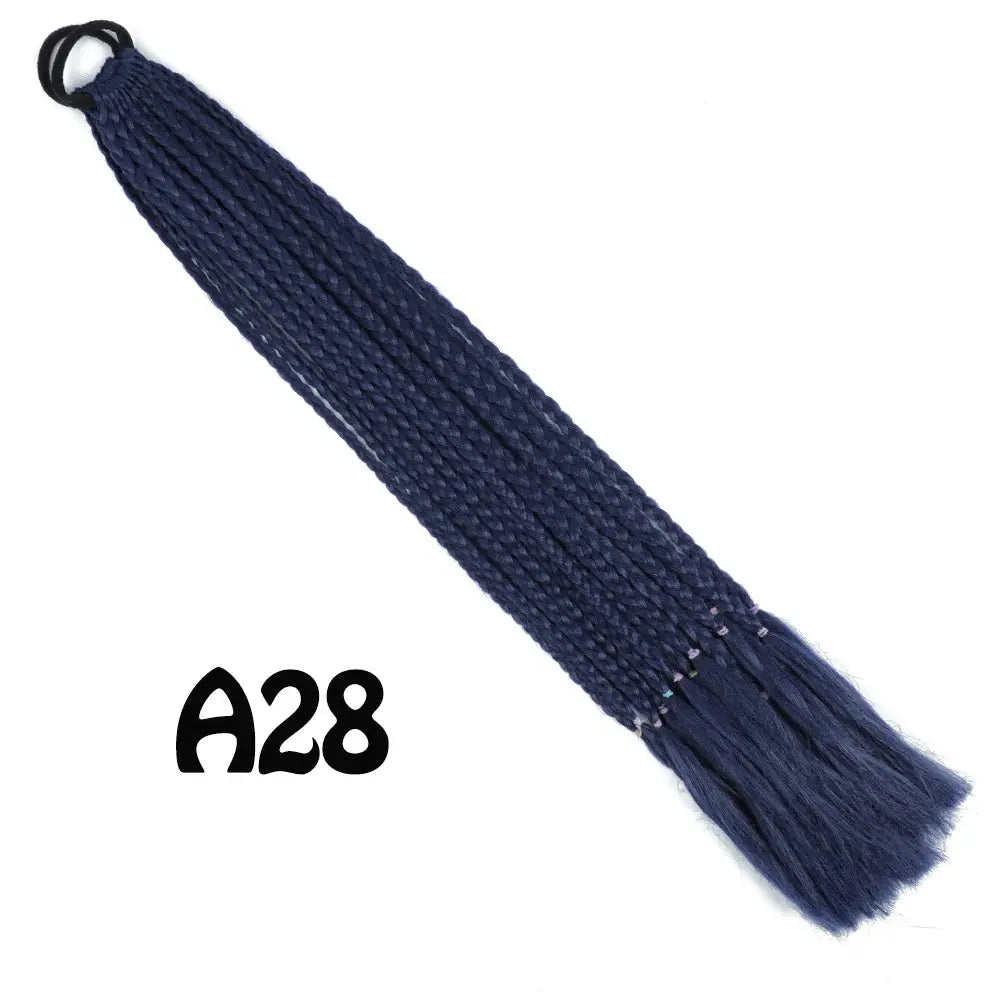 Synthetic braided ponytail extension in dark navy blue with elastic band, 24 inches