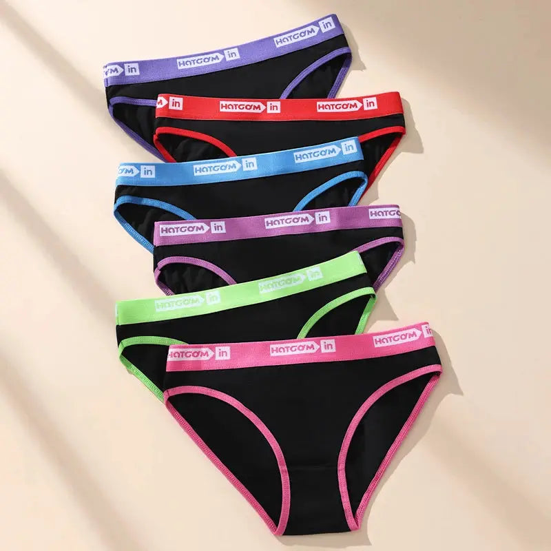 6-pair set of black cotton panties with colorful waistbands and HOTGOM logo.