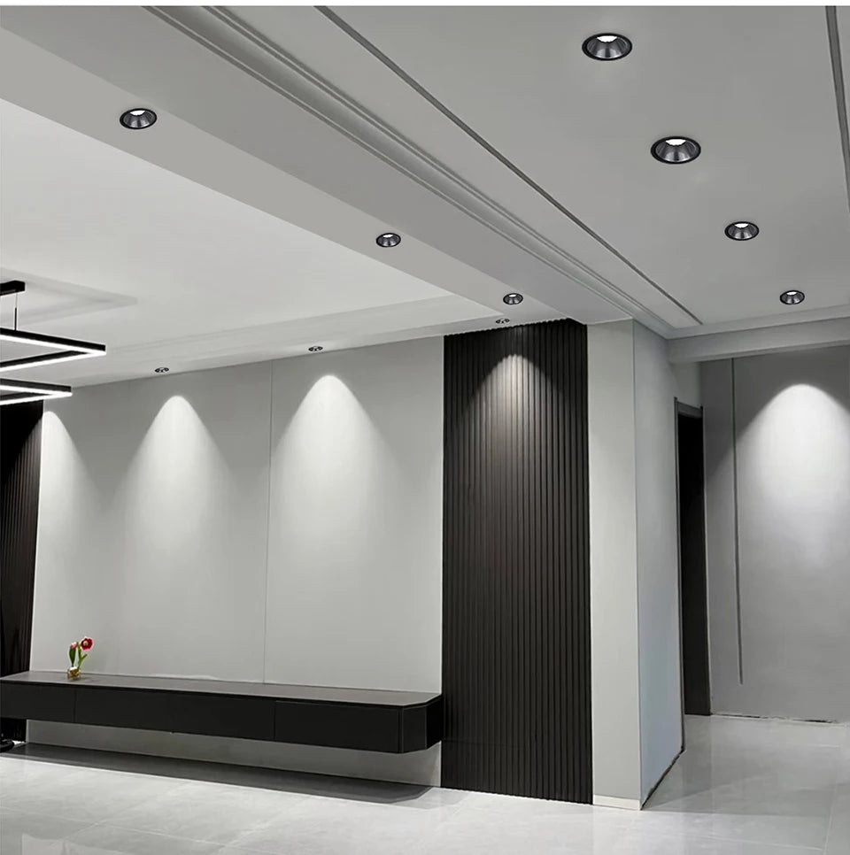 Simples Market recessed aluminum COB LED spotlight downlights in a modern ceiling lighting setup