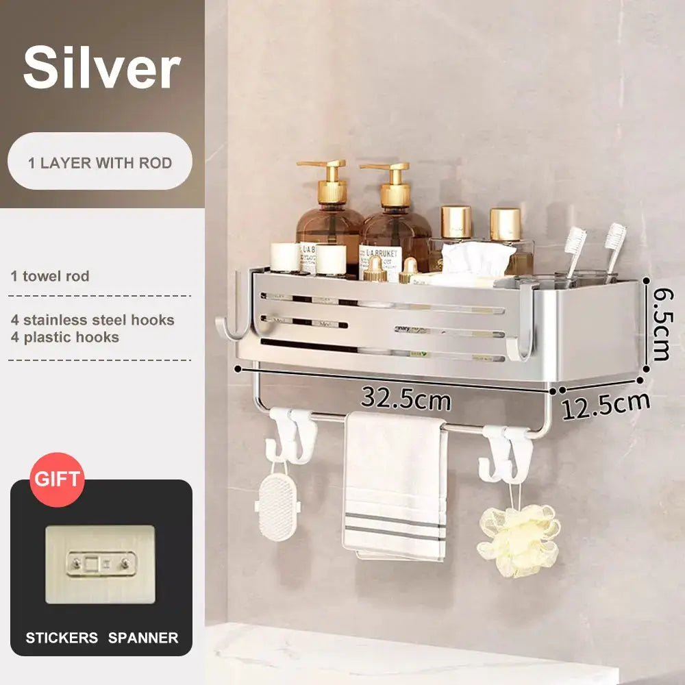 Silver space-aluminum bathroom corner shelf with towel bar and 4 stainless steel hooks, wall-mounted organizer