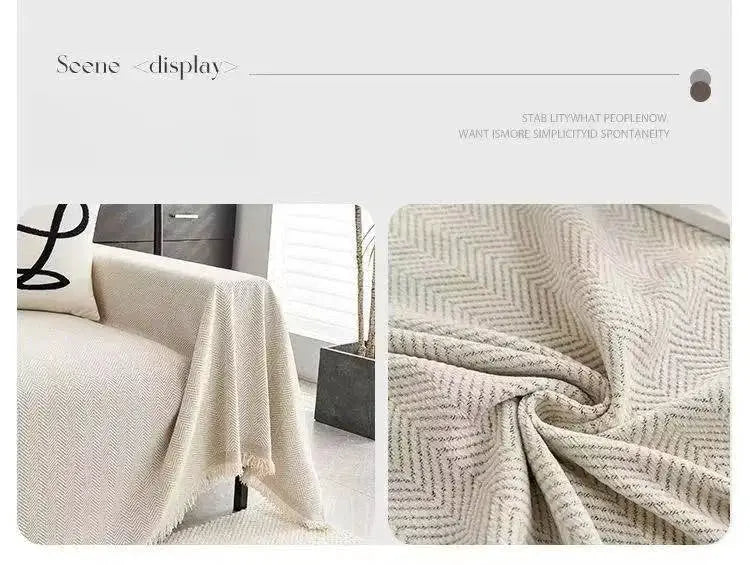 Chenille sofa throw blanket in beige with tassel edge and textured herringbone pattern