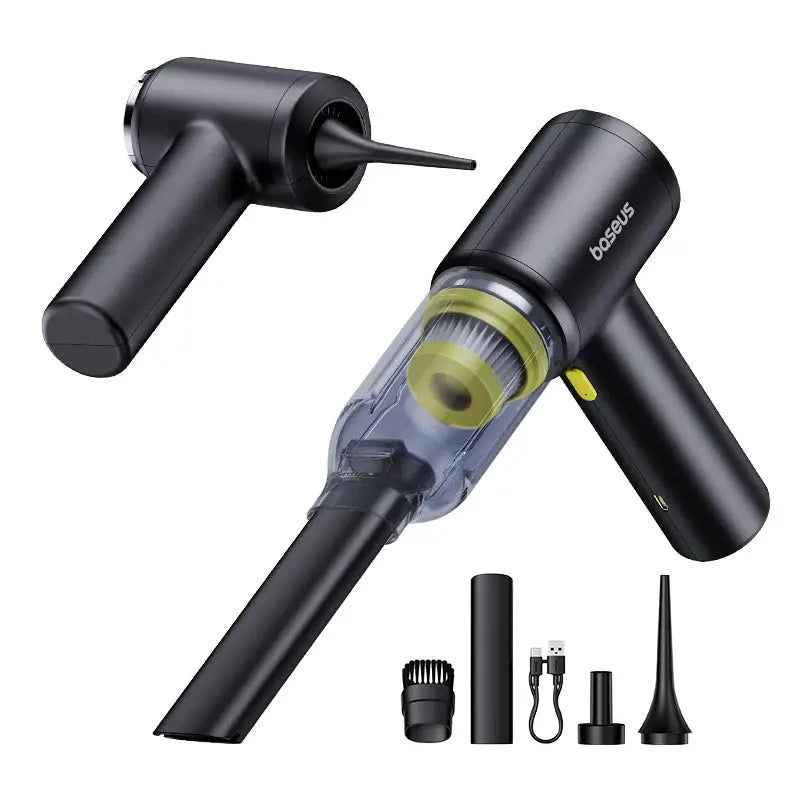 Baseus handheld cordless car vacuum cleaner in black with transparent dust canister and 5 attachments.