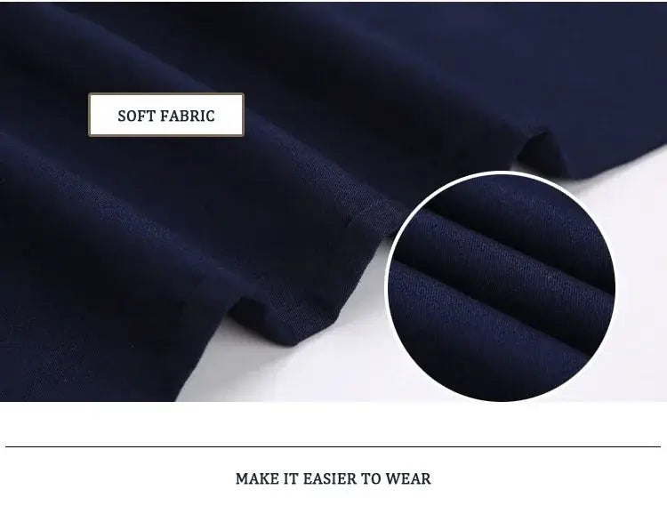 Men's navy cotton trousers with soft fabric texture; classic office casual style