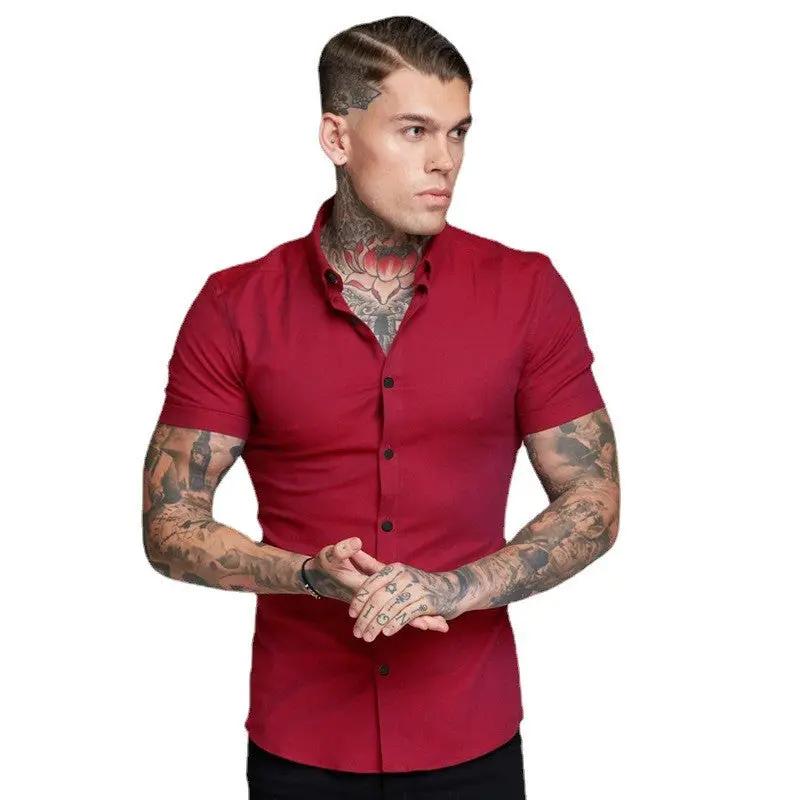 Men's red slim-fit short-sleeve dress shirt by Simples Market