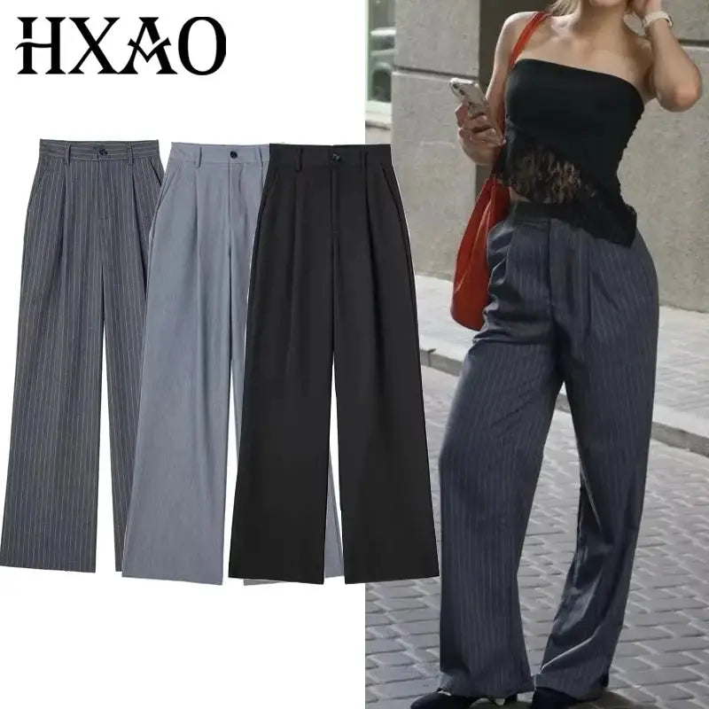 HXAO Women's Striped Grey and Black Wide Leg Formal Pants High Waist Baggy Trousers for Office