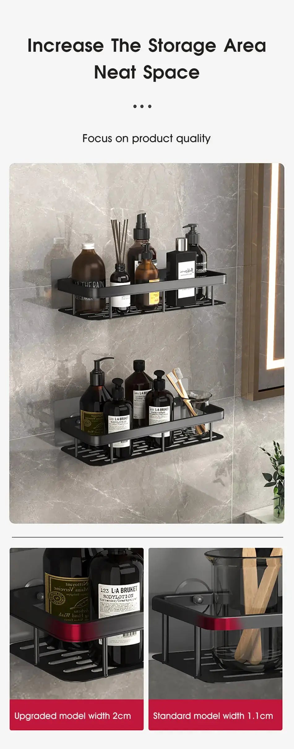 Two-tier black bathroom storage rack; wall-mounted corner shelves for shampoo bottles and bathroom accessories