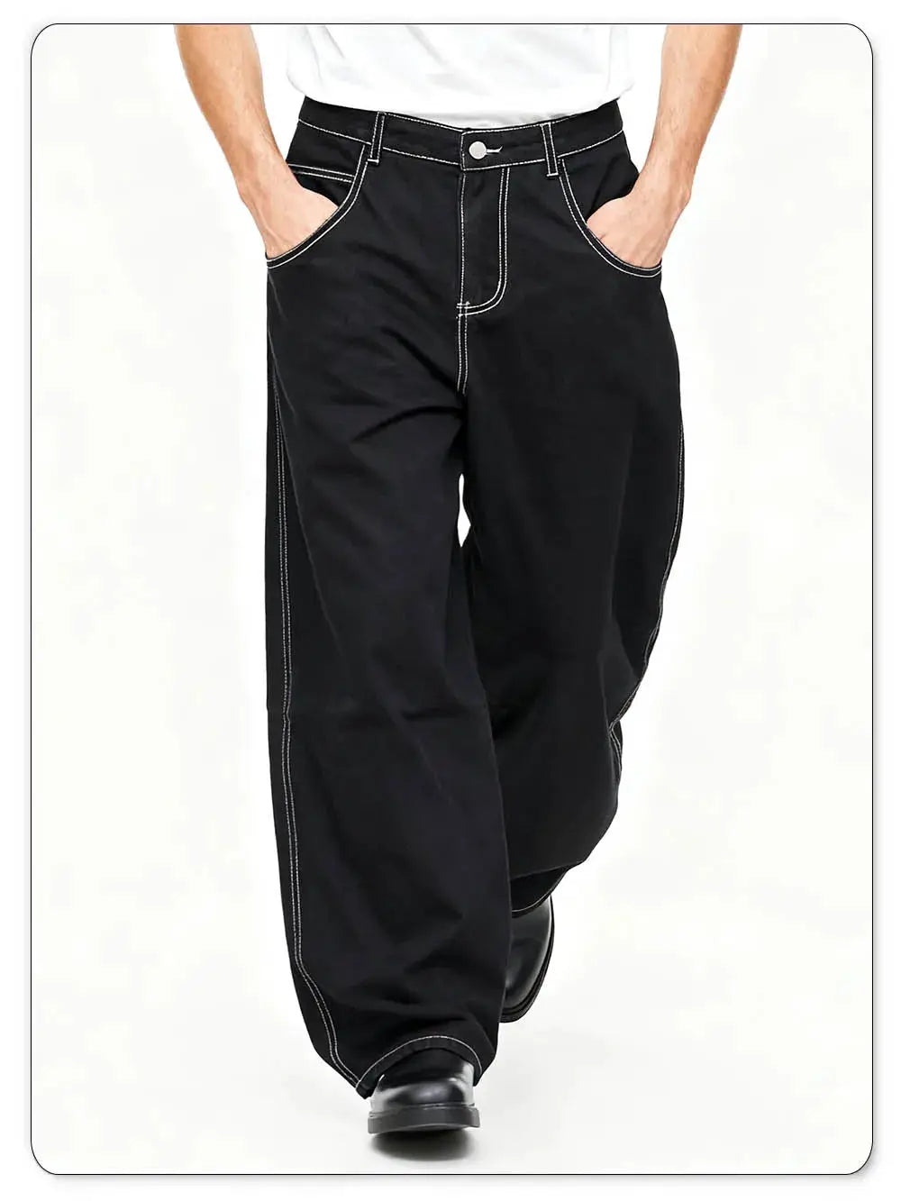 Men's black baggy wide-leg denim jeans with white contrast stitching
