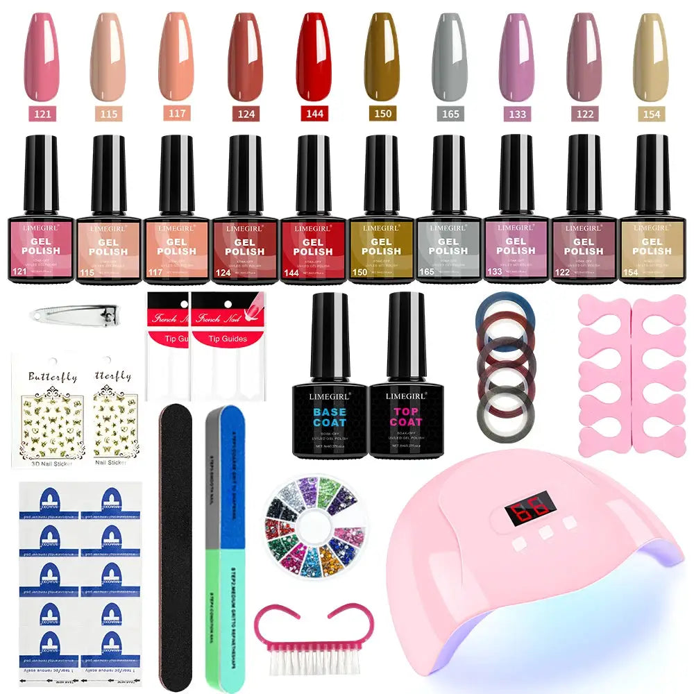 LIMEGIRL gel nail polish kit by Simples Market with UV LED lamp, gel polishes, base/top coats and manicure tools