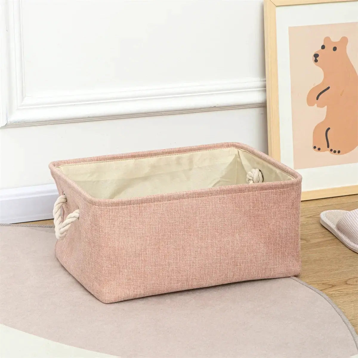 Simples Market folding pink linen storage basket with rope handles for underwear, socks, and toys