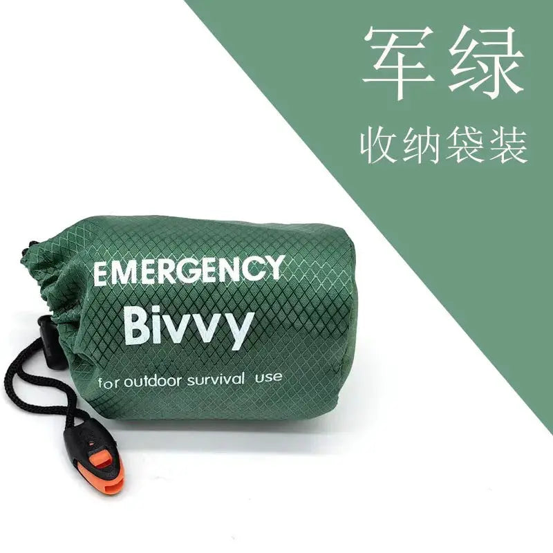 Green emergency sleeping bag bivvy sack, Mylar thermal survival blanket for lightweight waterproof camping shelter
