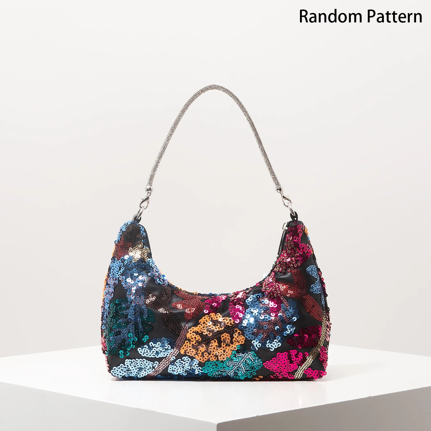Shoulder bag with colorful sequin floral embroidery and a silver glitter strap