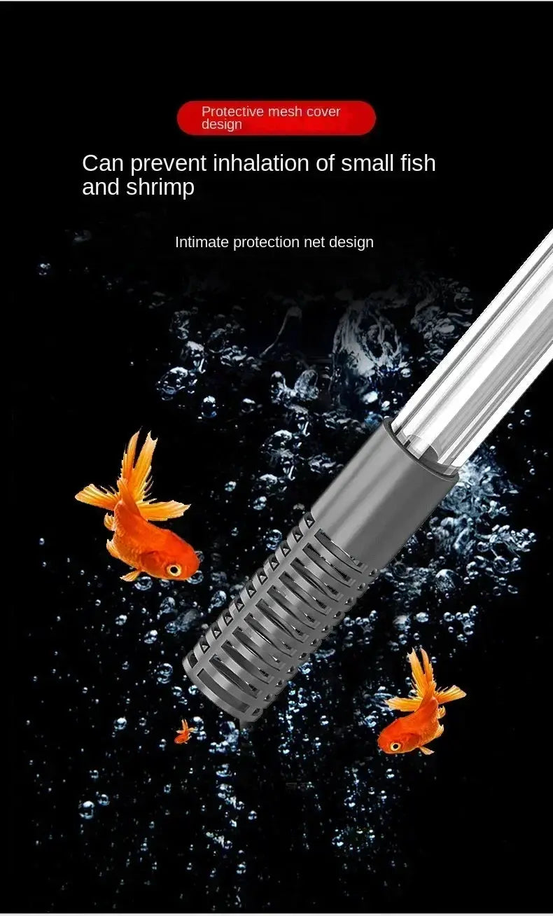 Simples Market fish tank siphon vacuum gravel cleaner with extension tube, gray body and clear tubing; three goldfish.