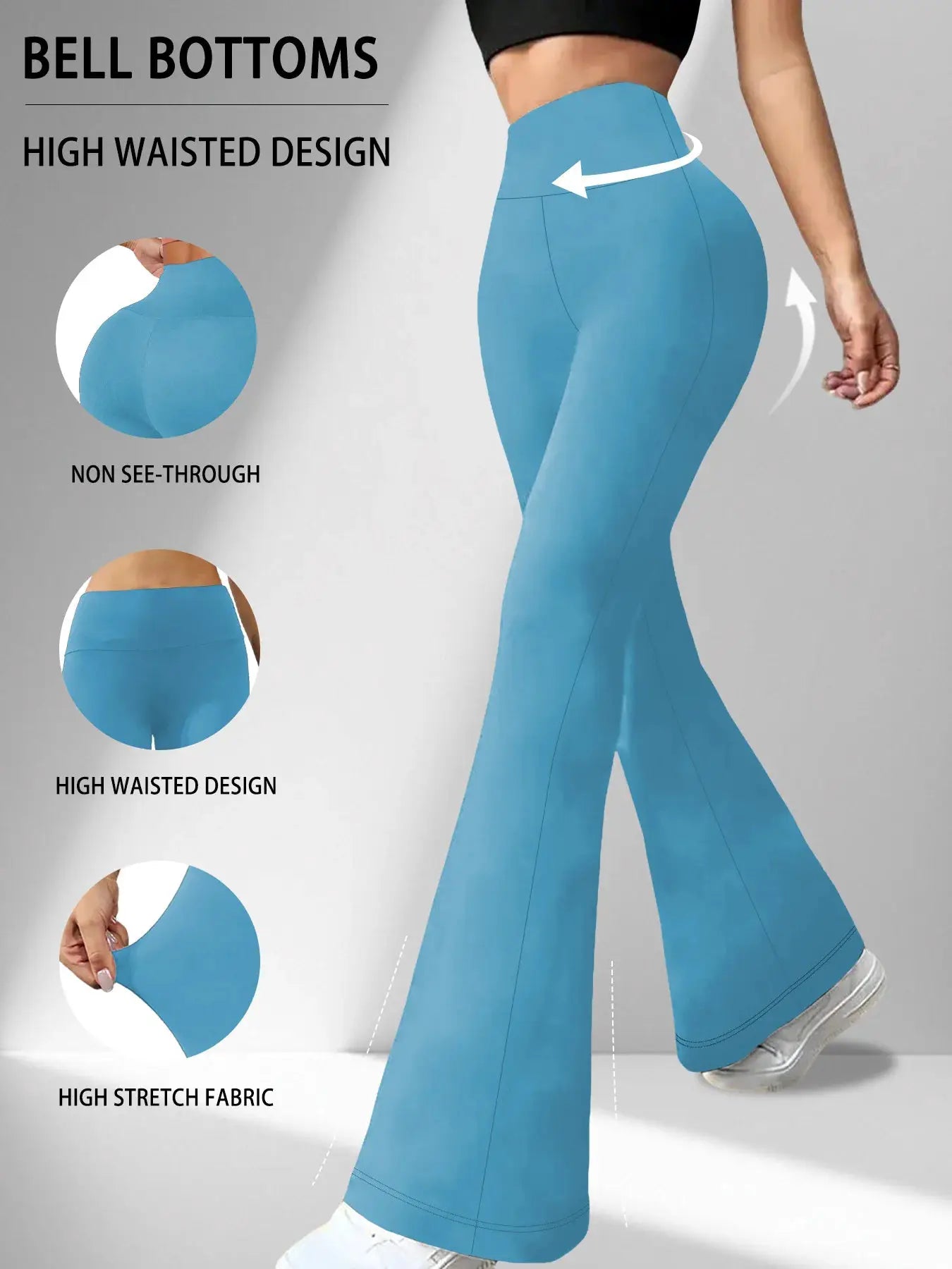 Women's blue high-waisted bell-bottom pants with tummy-control and high-stretch fabric.