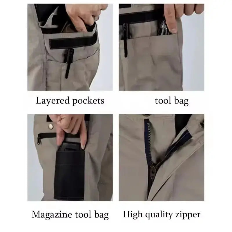 Multi-pocket cargo pants for men by Simples Market in khaki waterproof fabric with layered pockets and tool pockets