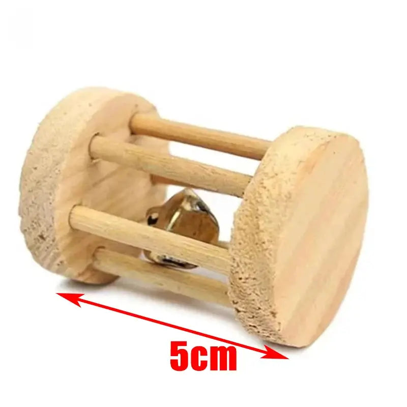 Small animal wooden roller toy with natural pine and bell, 5 cm long