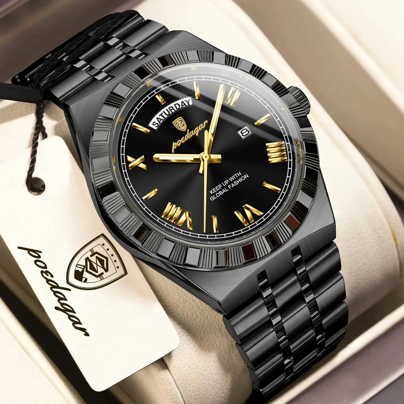 POEDAGAR men's black stainless-steel wristwatch with gold-tone hands, Roman numeral markers, day-date display