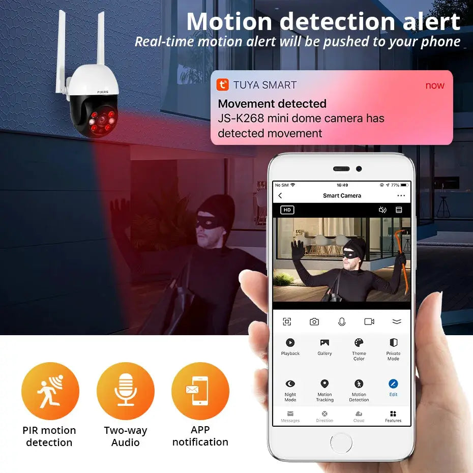 Fuers 8MP 4K IP outdoor security camera, white dome with antennas, Tuya Smart app compatible