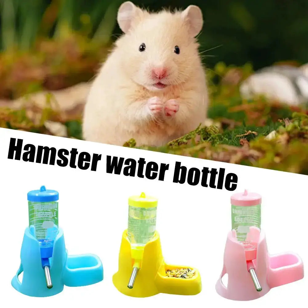 Hamster water feeder by Simples Market; automatic drink bottle with food container and bowls in blue, yellow and pink