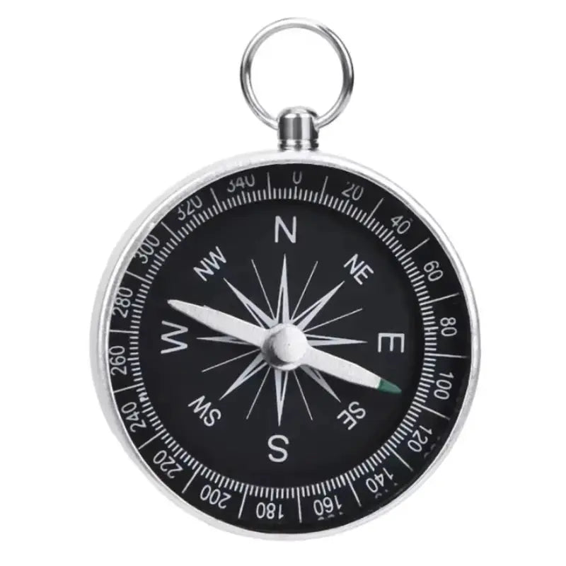 Simples Market mini aluminum compass keychain pendant with black dial, portable pocket survival tool.