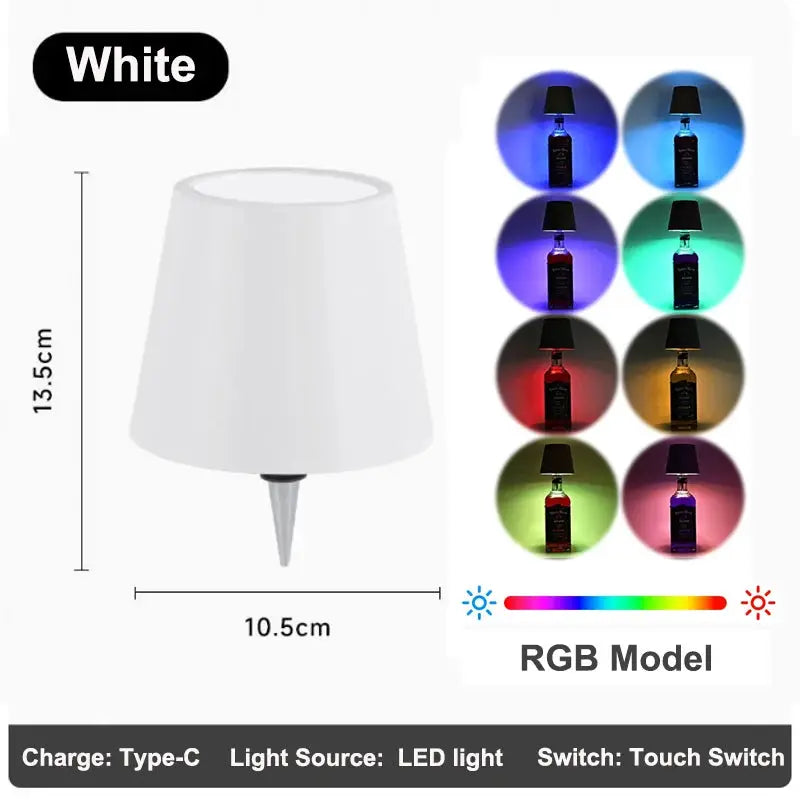 Wireless table lamp for wine bottles in white with RGB LED, outdoor use, touch switch by Simples Market