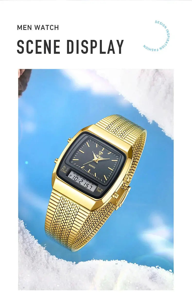Men's gold Simples Market watch with digital dual-time display and metal mesh band