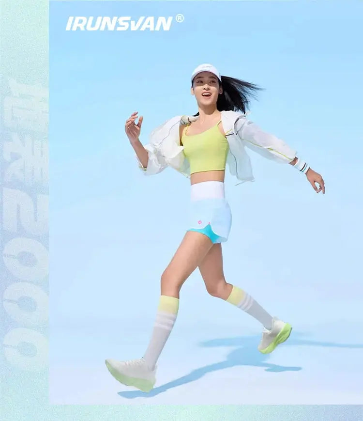 IRUNSVAN carbon fiber running sneakers, unisex, white with neon lime thick sole, shown with pastel activewear