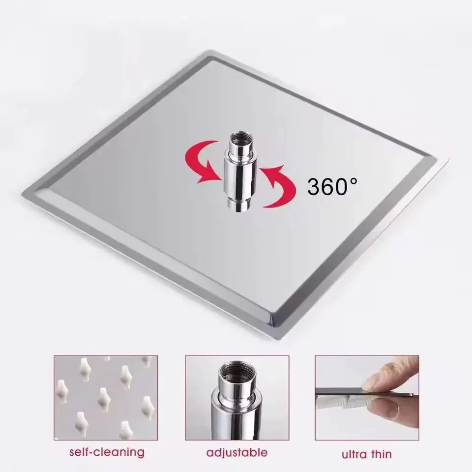 Stainless steel waterfall shower head by Simples Market with 360° connector; self-cleaning, adjustable, ultra-thin