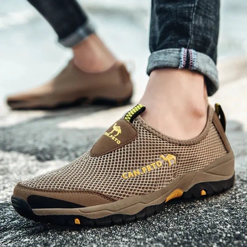 Pair of brown mesh breathable slip-on men's casual outdoor shoes by CANPTO