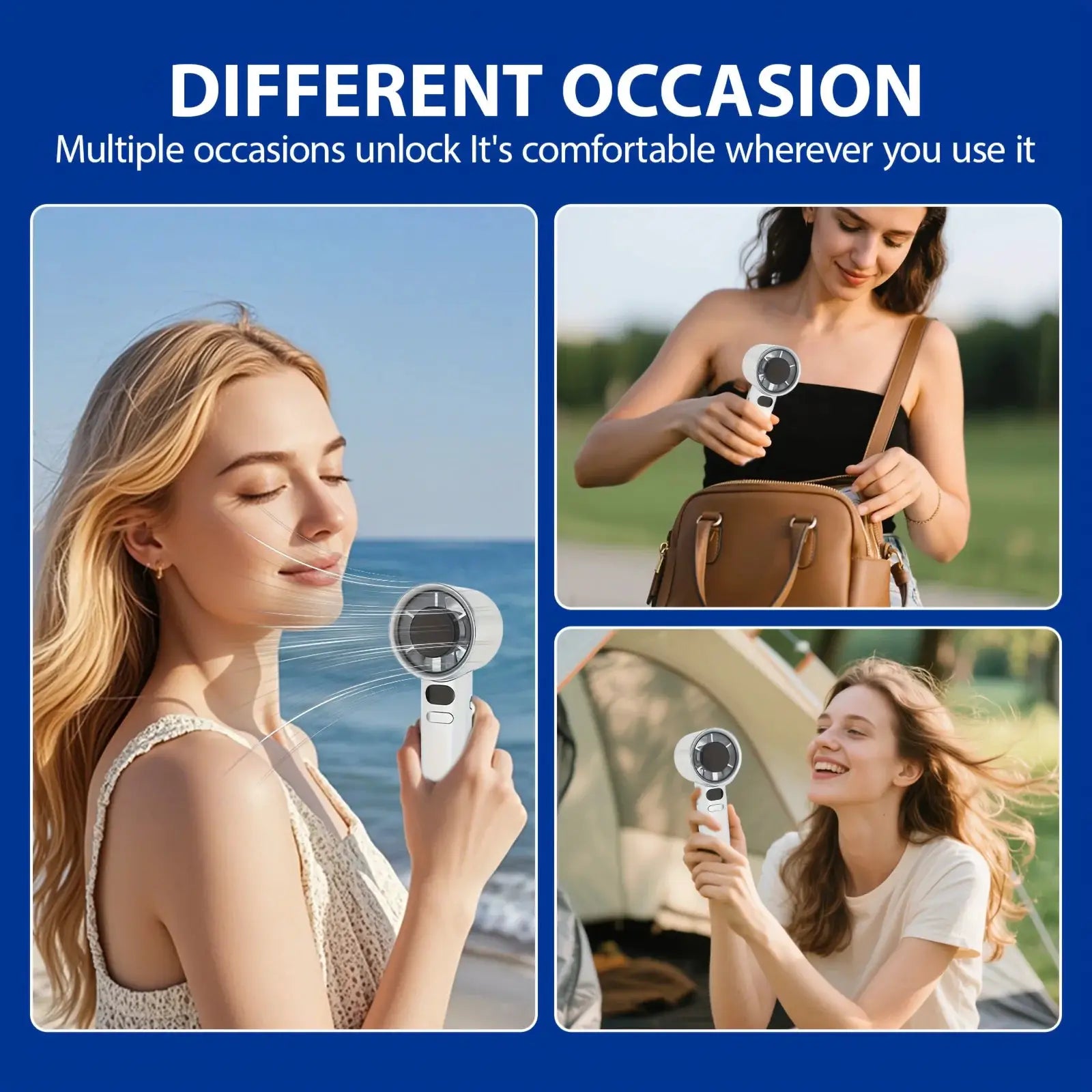 Handheld mini fan by Simples Market, white USB charging portable fan shown in travel and outdoor scenes