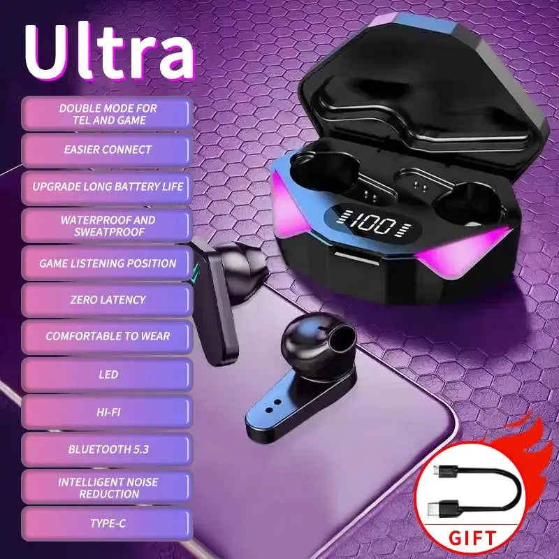 Bluetooth TWS gaming earphones with built-in mic and LED indicators; purple charging case and blue/black in-ear buds