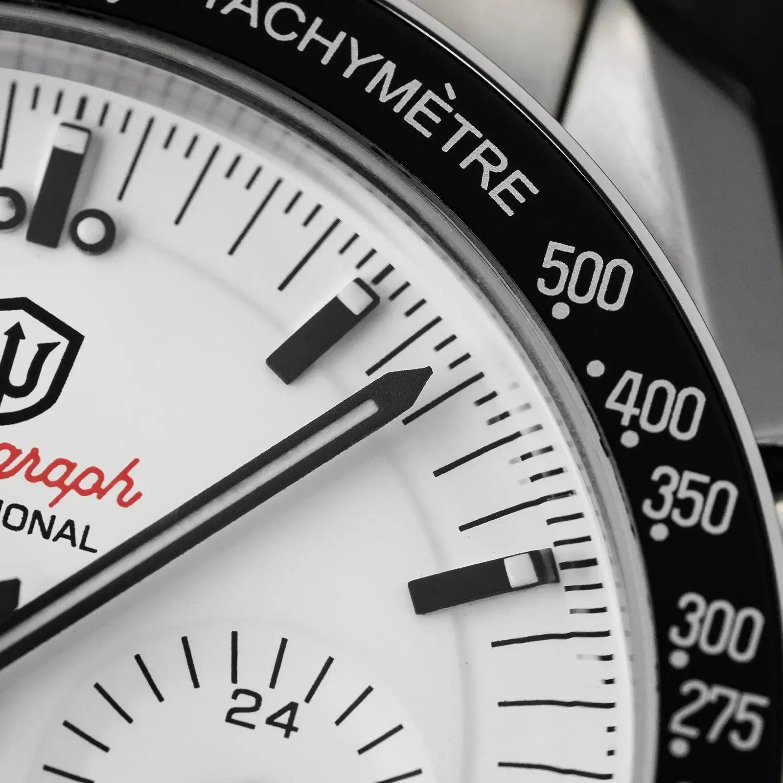 Watchdives WD1863 chronograph watch close-up of white dial with black bezel and 500 marker.