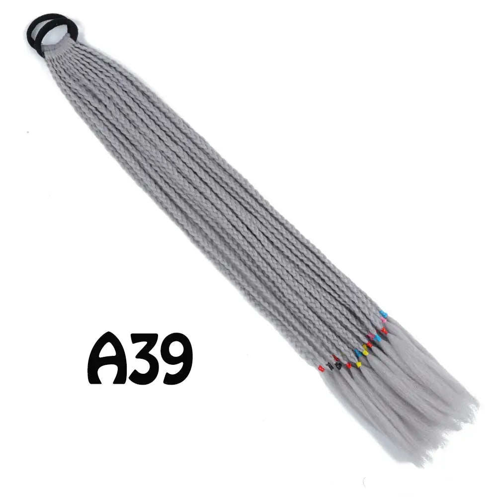 Synthetic gradient gray braided ponytail extension with elastic band, 24 inches, rainbow bead accents
