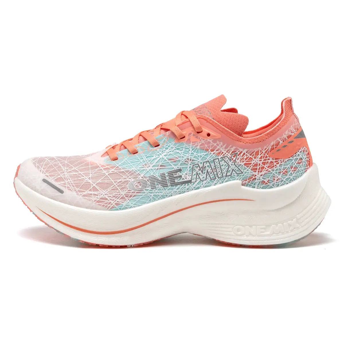 ONE-MIX Marathon carbon-plate running shoes, coral-peach with teal geometric upper and white midsole with orange stripe