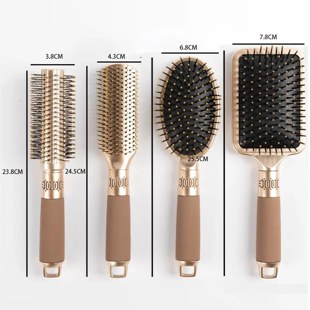 CALIYI 4-piece hair brush set with gold-tone accents and tan handles: round, barrel, oval cushion, and paddle brushes