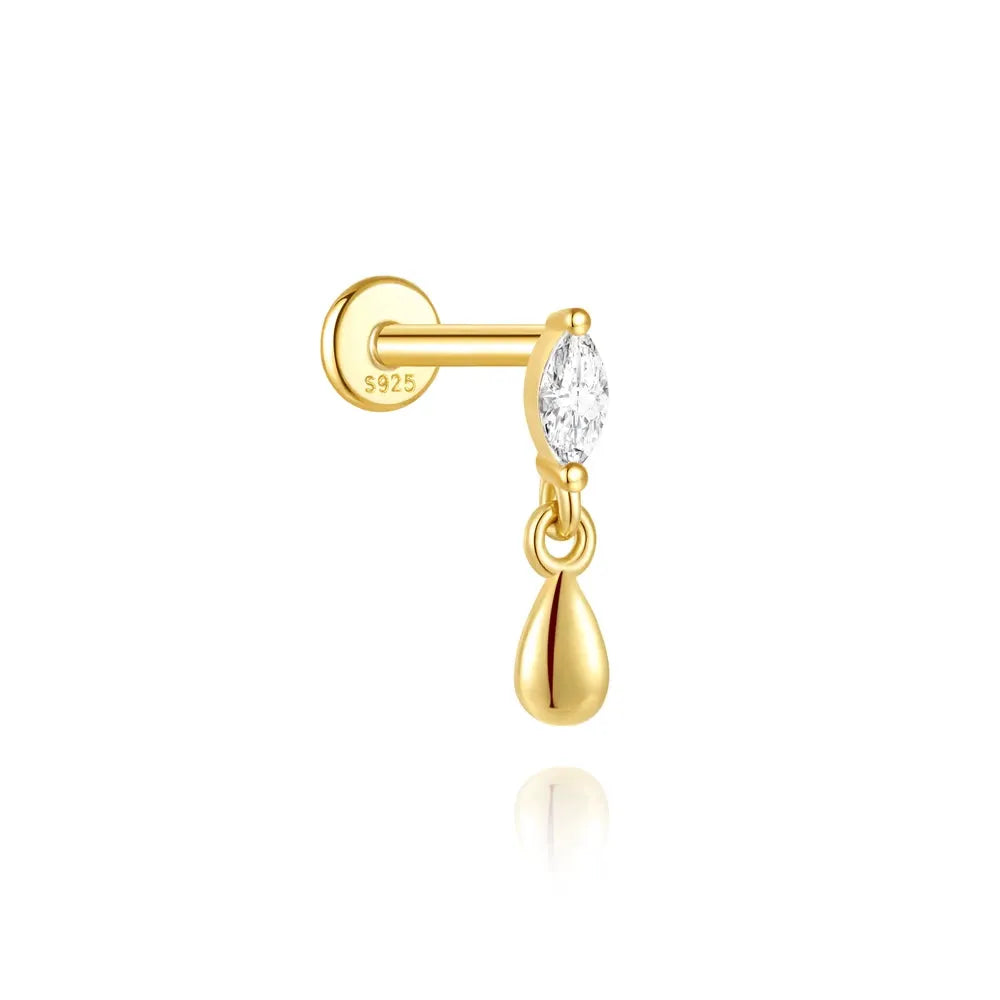 AIDE Heart Round Ball Flat Helix Piercing Earring, gold-tone 925 sterling silver ear stud with zircon and teardrop charm