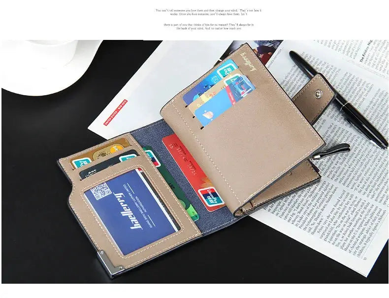 Baellerry short luxury men's wallet with card slots and zipper coin pocket in beige leather.