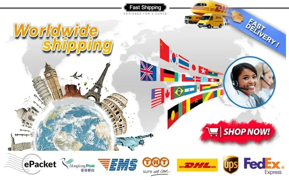 Worldwide shipping banner with world map and carrier logos (ePacket, HongKong Post, EMS, TNT, DHL, UPS, FedEx)