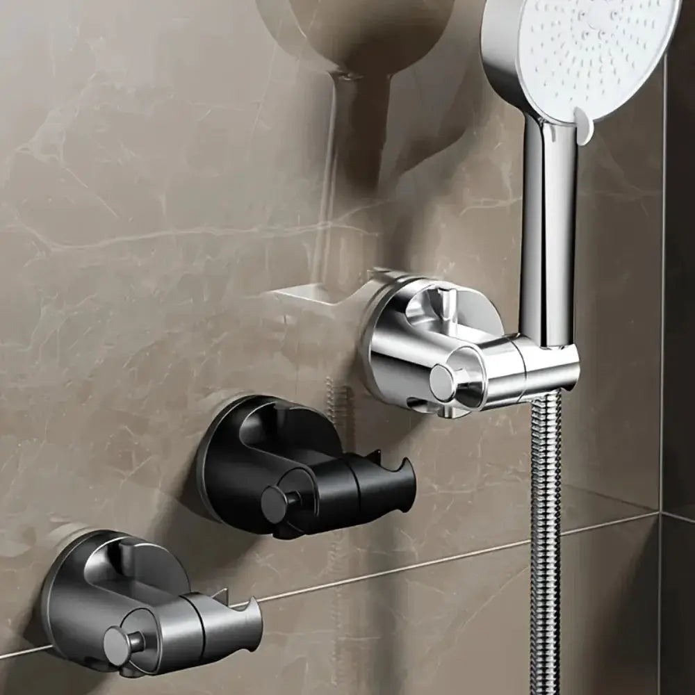 Shower head holders set: three chrome and black adjustable wall mounts with handheld shower hose