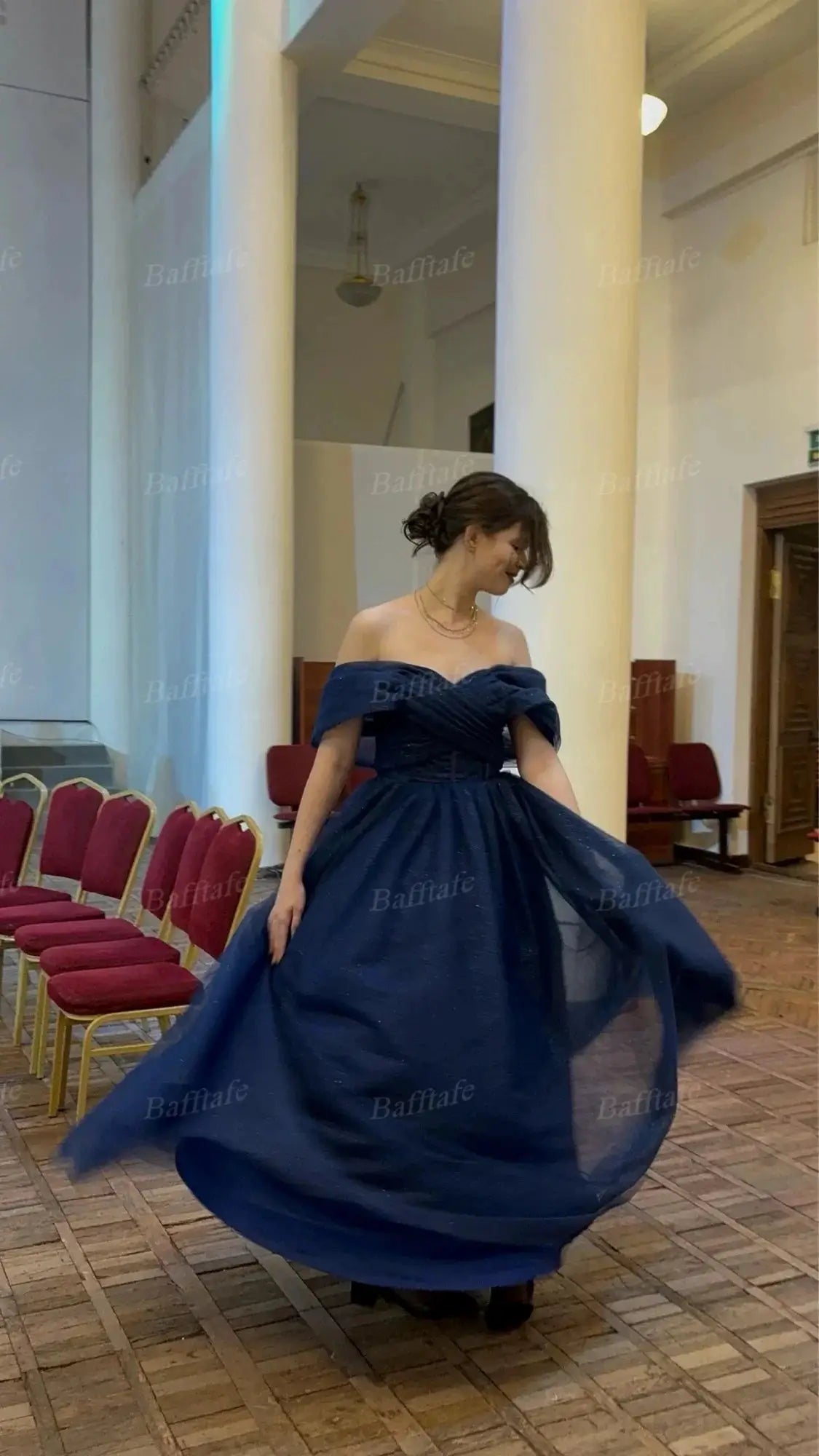 Bafftafe Pink Shiny Tulle Prom Dress Off Shoulder Puff Sleeve Dress