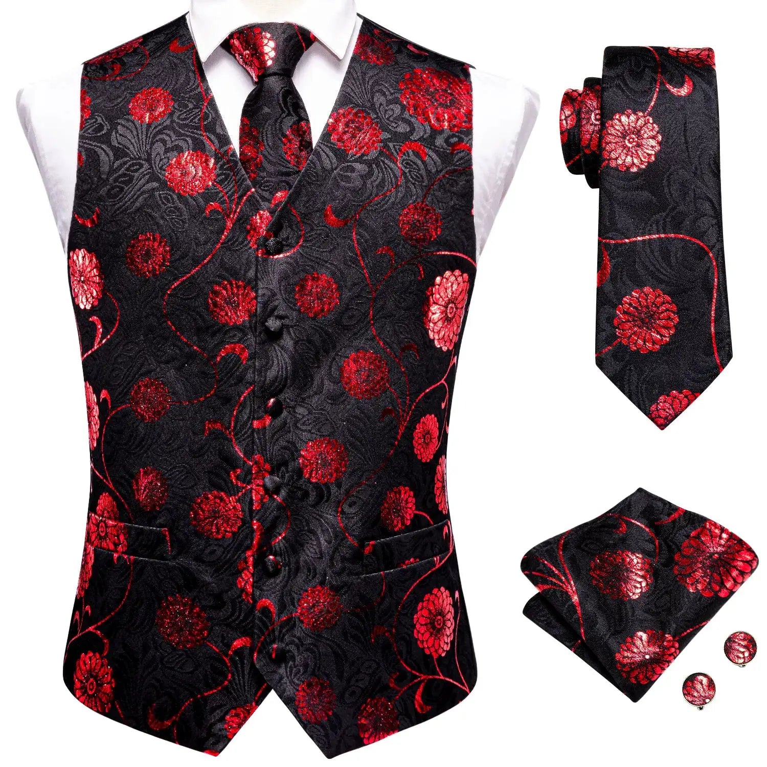 Men's waistcoat set in black with red floral paisley pattern; 4-piece includes vest, tie, handkerchief, cufflinks