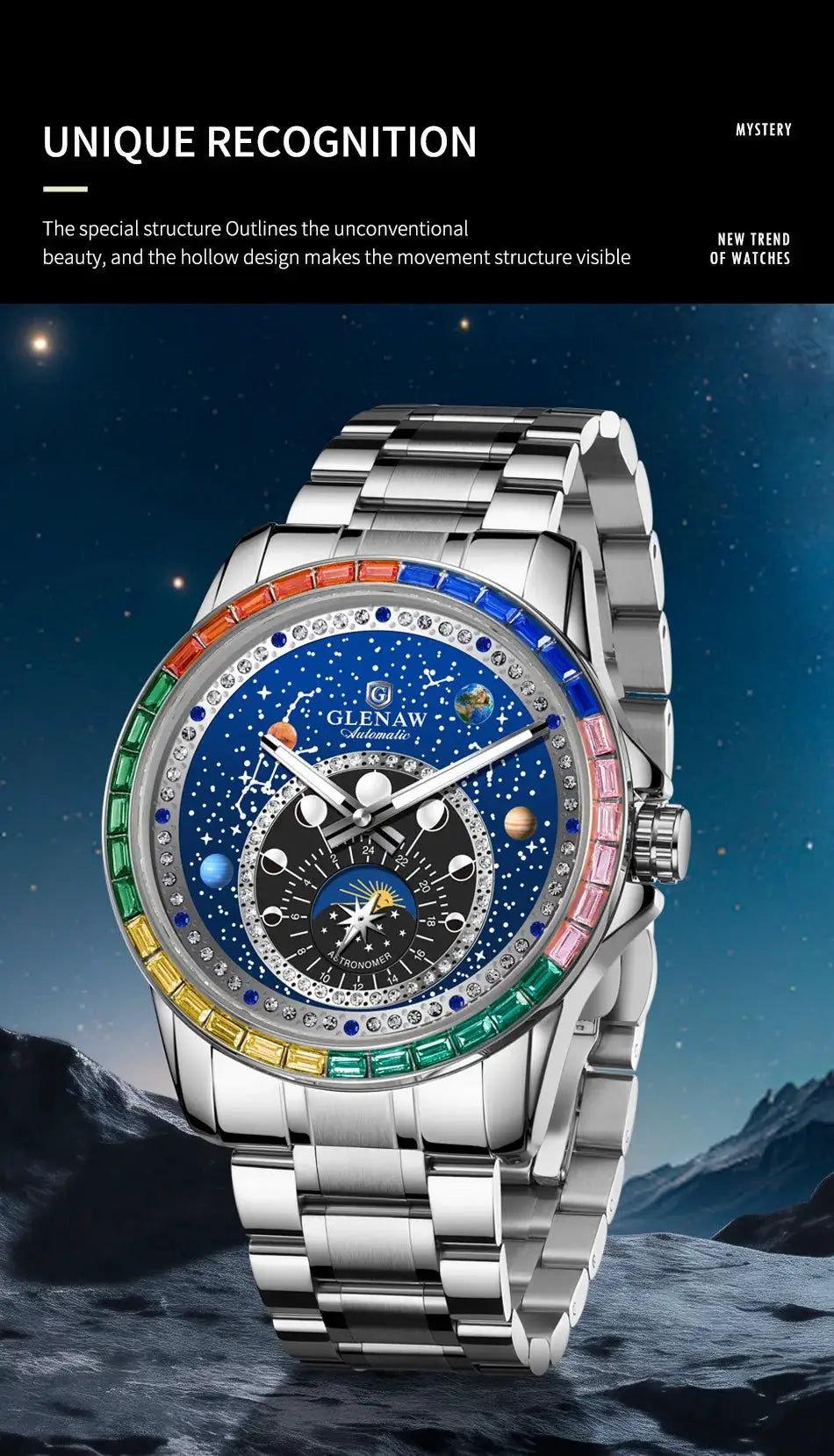 GLENAW Rainbow Circle Mechanical Watch for Men, stainless steel bracelet, rainbow gemstone bezel, constellation dial