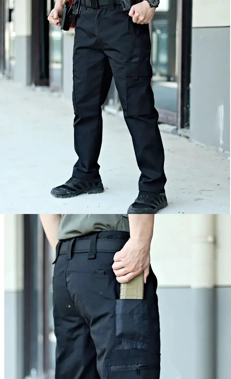Simples Market men's tactical work pants with multi-pocket cargo design, black waterproof hiking trousers