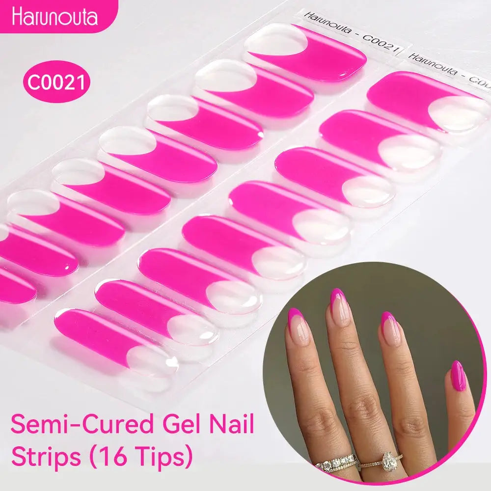 Semi-Cured Gel Nail Strips (16 tips) pink-to-clear gradient, Harunouta brand, for UV/LED nail lamps