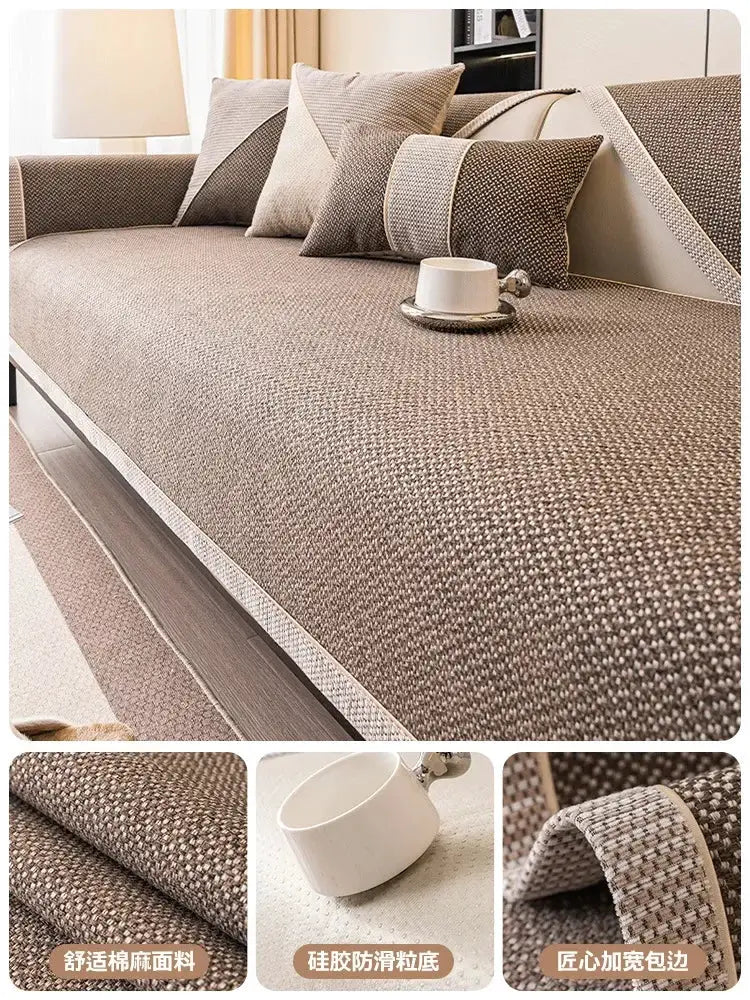 Linen sofa cushion cover in brown woven fabric with non-slip silicone backing on a beige sofa