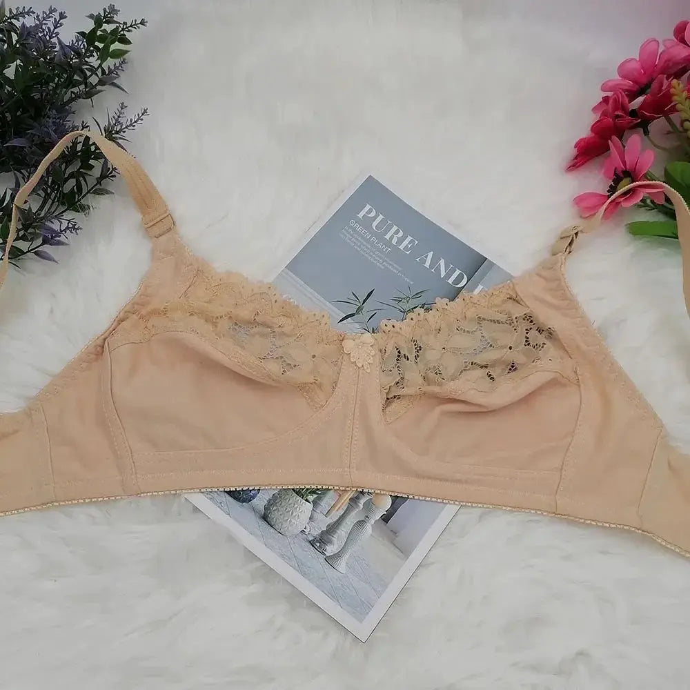Wire Free Bra nude beige with lace-overlay cups; unlined with adjustable straps and wide back band for everyday wear